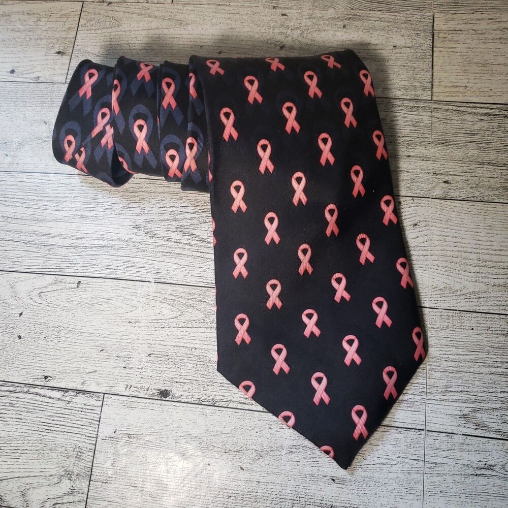 Breast Cancer Awareness Tie Men's Pink Ribbons Silk Wolfmark Neckwear EUC